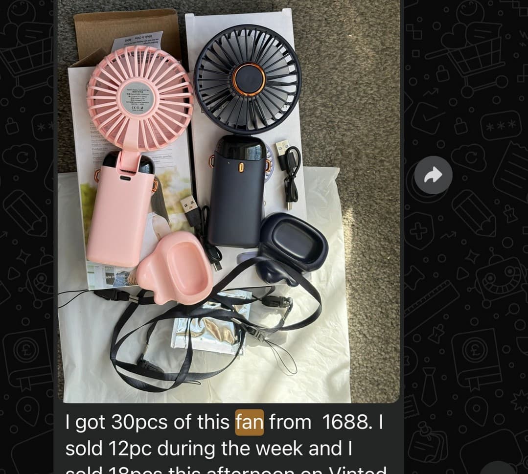Photo of portable fans with a caption about selling 30 of them
