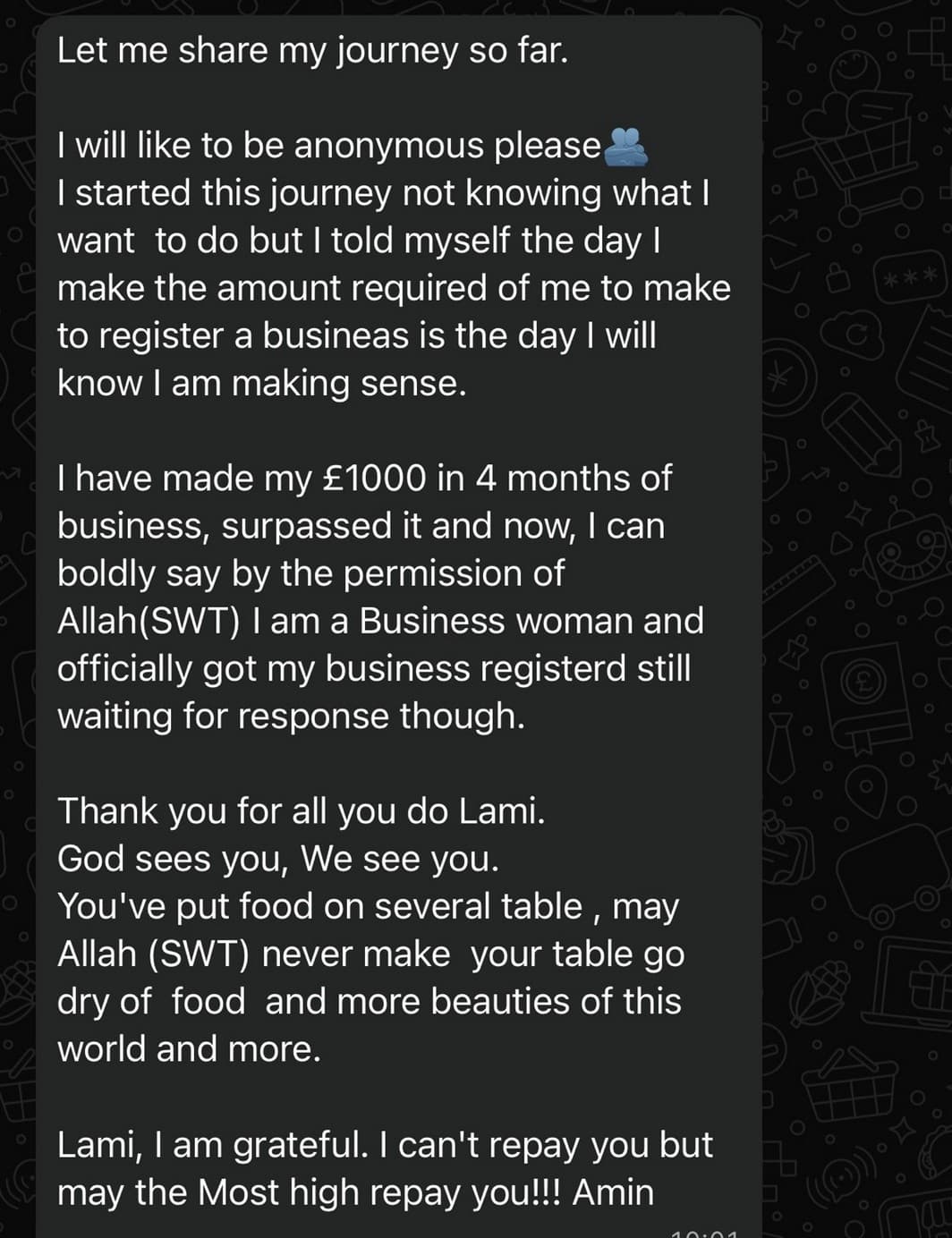 WhatsApp message: a student sharing she made her first £1,000 and registered her business