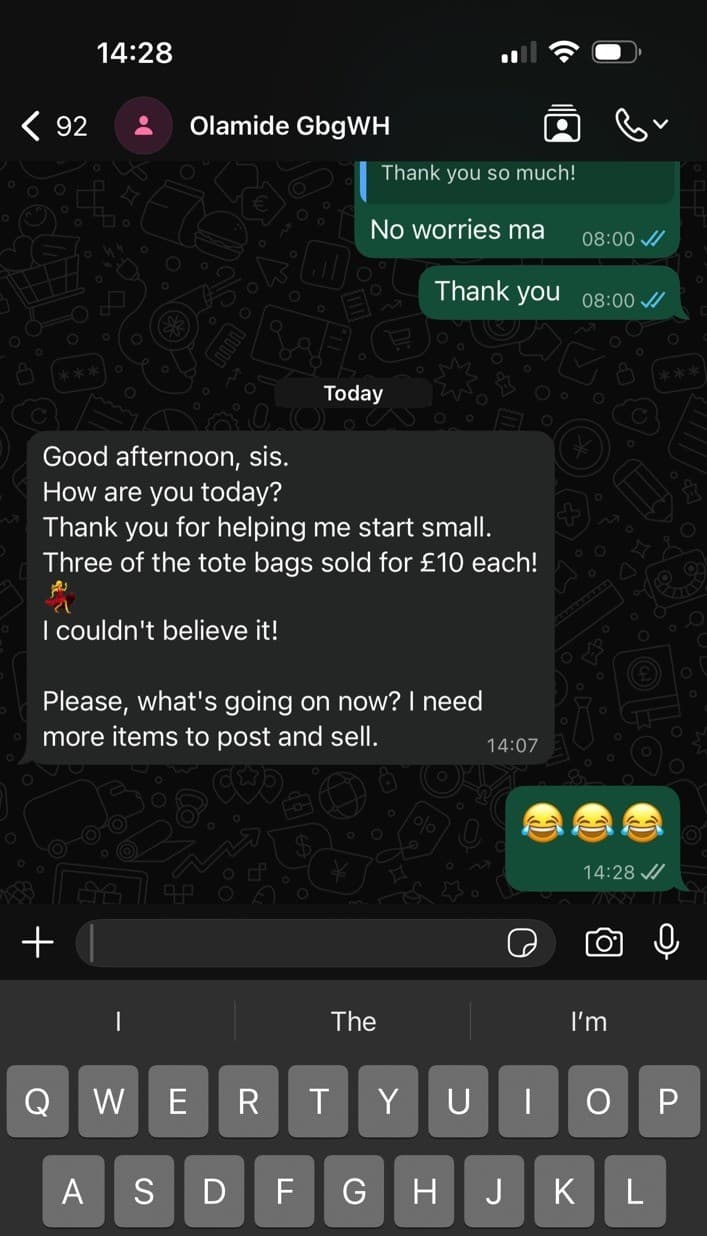 WhatsApp message: a student reporting her tote bags sold out at £10 each